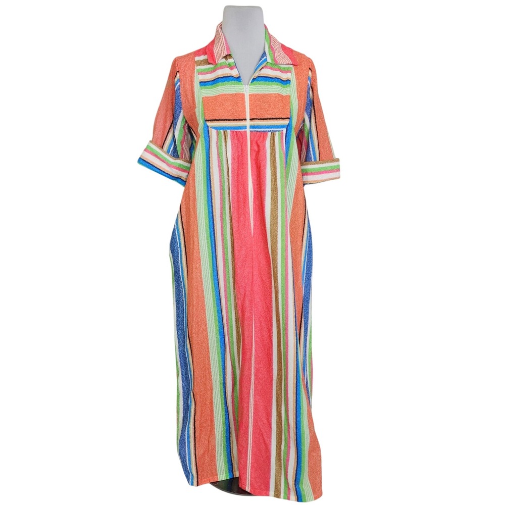 Vintage 70s Terry Cloth Maxi Robe Multi Color Stripe Scovill Zip M Housecoat